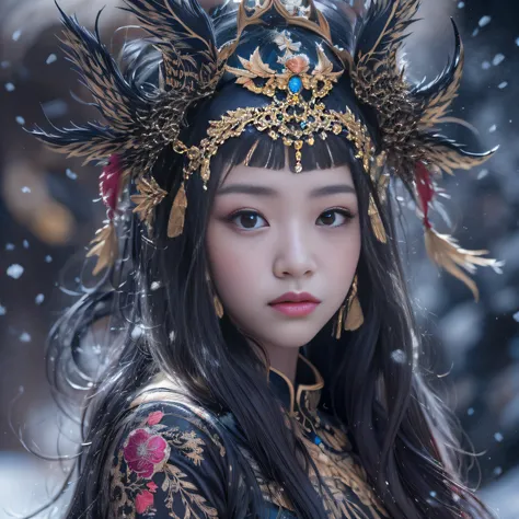 32K（tmasterpiece，k hd，hyper HD，32K）Long flowing black hair，Yellowstone，Tongzhou girl ，Snow Ice Flower Water Bottle Protector（realisticlying：1.4），Flame dragon pattern robe，Purple-pink tiara，The leaves flutter，The canyon background is pure，Hold your head hig...