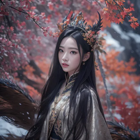 32K（tmasterpiece，k hd，hyper HD，32K）Long flowing black hair，Yellowstone，Tongzhou girl ，Snow Ice Flower Water Bottle Protector（realisticlying：1.4），Flame dragon pattern robe，Purple-pink tiara，The leaves flutter，The canyon background is pure，Hold your head hig...