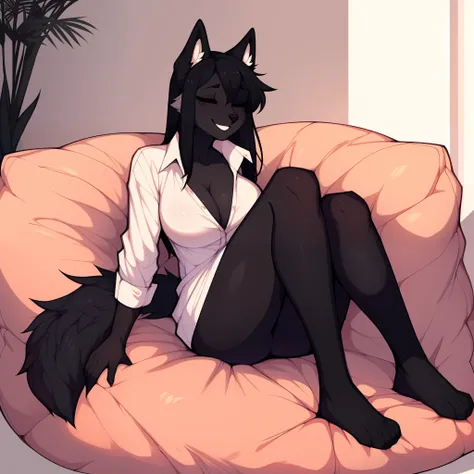 Solo, (by claweddrip, by hyattlen, by fumiko), an all black furry anthropomorphic wolf girl, black furry body, black tail, black fluffy ears, long black hair, medium breasts, closed eyes, mouth slightly open, smiling, lounging on a beanbag chair, in a livi...