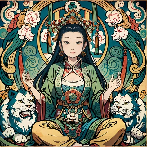 an ancient Chinese goddess, guanyin of the southern seas, Guanyin, Inspired by India, Avalokiteshvara rides a lion，,Serene expression,shui mo hua,Buddha,Buddhist,Lotus,Chinese painting style,Thangka style