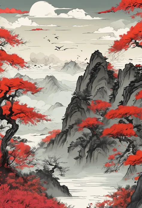 Mountain and Sea Lark Scroll，Chinese painting style，Delicate and delicately painted，Beautiful mountains and rivers，Red sunlight，Many ancient mythical beasts appeared，Epic composition，Just the right shade，The rich national style atmosphere is displayed