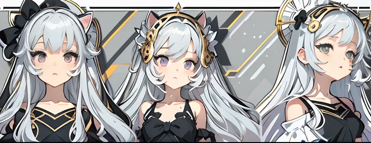 Sticker, Cute anime girl head, long layered silvery white hair,Light purple eyes，Black cat elements，Black dress，Black princess dress，White background, Gold border，Simple, Ultra detailed, Detailed drawing, vectorised, Silhouette, 8K, professional sticker de...