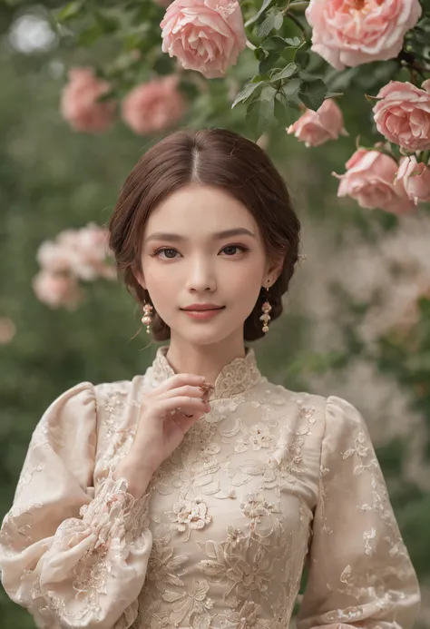 1girl,moyou,standing,exquisite makeup,rich in detail,ornate pattern,perfect body,clothes_prompt,professional photograph,(smile:0.5),romance,(rose:1.1),garden,