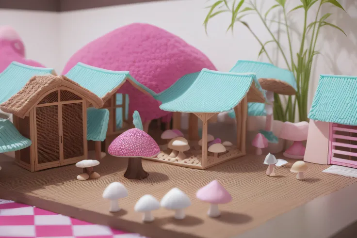 Maquete de Cogumelos. Cogumelos na maquete. mushroom rosa. Horizonte na maquete. pink floor. Maquete. mushroom