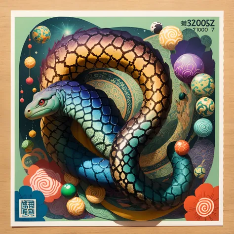 A postage stamp depicts a python, Psychedelic surrealist style, Qing dynasty, photo taken with ektachrome, Indigo and green, Japanese folk art, Bamileek Art, Otherworldly creatures