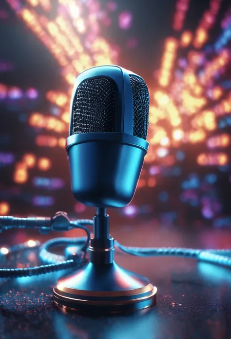 Microphone in front of artificial intelligence code wall, blue and black futuristic CGI