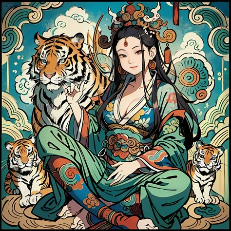 an ancient Chinese goddess, guanyin of the southern seas, Guanyin, Inspired by India, Avalokiteshvara rides a tiger，,Serene expression,shui mo hua,Buddha,Buddhist,Lotus,Chinese painting style,Thangka style