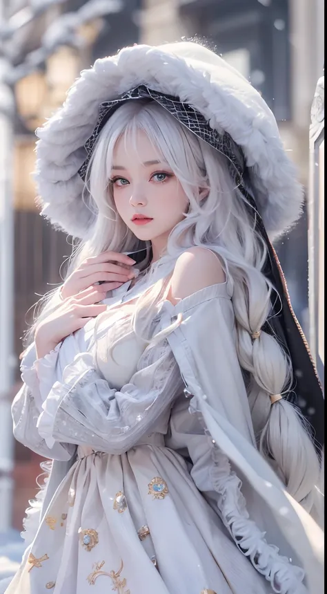 (8K, RAW photo, Photorealistic:1.4)， high resolution, 1 Women, Solo,。.3D，Sitting,(Lolita costume)，Wear a flowing skirt， Beautiful eyes, White hair, ringed eyes, (sitted，Cloak，Heavy snow)，snowfield