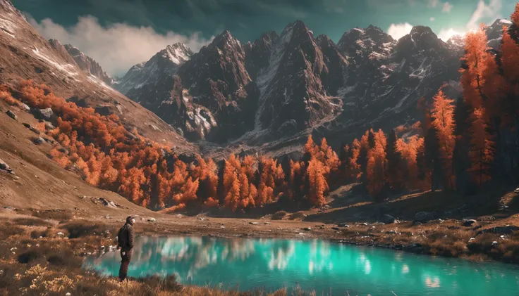 (Dark magic:1.2), (Grim:1.1) forest, springtime，A man stands in the Alps, (Intricate details), (ultra - detailed), 8k hdr, high detal, A lot of detail, High quality,dingdall effect (Colored:1.3)