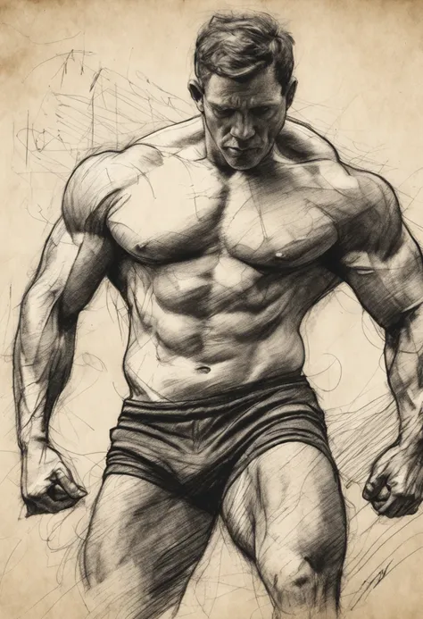 Coarse charcoal sketch on old paper, Muscular male image,Dynamic pose,Clean line art,+Expressive lines,Painting in an expressive sketch style, hatching, Black and white sketch, handpainted, Coarse charcoal sketch on old paper, Muscular male image,Dynamic p...