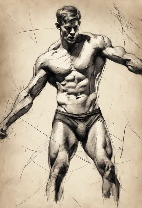 Coarse charcoal sketch on old paper, Muscular male image,Dynamic pose,Clean line art,+Expressive lines,Painting in an expressive sketch style, hatching, Black and white sketch, handpainted, Coarse charcoal sketch on old paper, Muscular male image,Dynamic p...