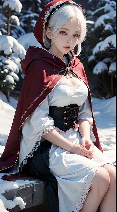 (8K, RAW photo, Photorealistic:1.4)， high resolution, 1 Women, Solo,。.。.3D，Sitting,(Lolita costume)，Wear a flowing skirt， Beautiful eyes, White hair, ringed eyes, (sitted，Cloak，Heavy snow)，snowfield