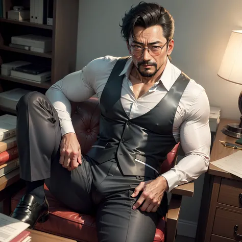 age 55，Kogoro Mouri，uncle，Tong，Bulge，Sitting in the office，Black short stockings，Suspenders，lbeard，fortitude，k hd，artwork of a，an look of enjoyment，is shy，opening legs，wear suit，The crotch has a columnar bulge，God perspective，Take off your pants，There is m...