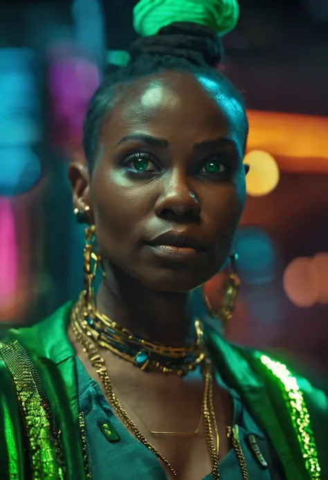 a detailed photo of a 32 year old Nigerian woman,(beautiful green eyes),gold earrings,cyberpunk background,RAW,close portrait photo,8k uhd,dslr,soft lighting,high quality,film grain,canon r5,f 2.0,shallow depth of field,(angry)