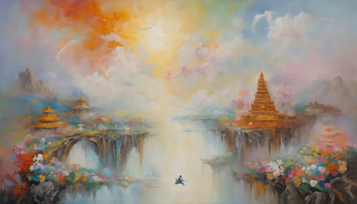 painting of a ancient bridge in the sky, a Chinese fairy girl flying over white cloud, flowers and water, divine realm of the gods, Heaven in mist!!!!!!!!, divine illumination, super details, esoteric equation heaven,  breathtaking, breathtaking art, Float...