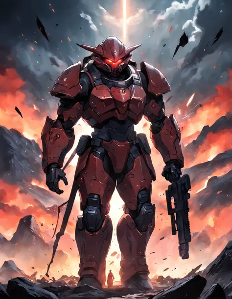 Future Battlefield，Alien Civilization War，Gunsmoke fills，A small mound，A red flag is planted on it，A soldier in armor，full armour，The background is the army of the SA，The picture is stunning，Magnificent，Magnificent，in the style of futuristic