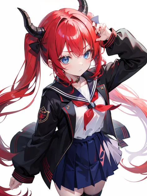 red hair, blue eyes, twintails, Sailor suit,black coat, Dragon horns,Pleated skirt,solo,loli,cute,bow