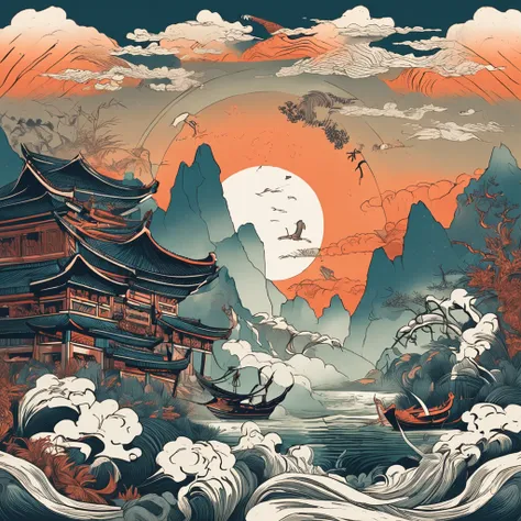 Mountain and Sea Lark Scroll，There are mountains and rivers in the picture、rios、grassy fields、Sun，Shirasawa、Unicorn、fenghuang、Many ancient divine beasts such as Qingqi appeared in the picture，Epic composition，shadowing，National style