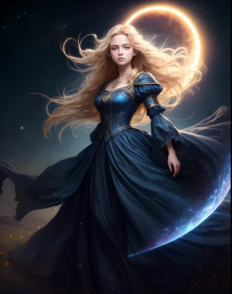 (best quality, masterpiece), young woman, pose, particle, wind, flower, upper body, night eclipse background, looking at viewer, long straight windblown blonde hair, detailded blue eyes, medieval princess blue dress, galaxy, backlit, rimlight, beautiful ar...