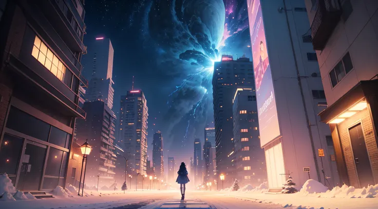 anime scenery of a city with a tower and a person walking on a snowy path, cosmic skies. by makoto shinkai, beautiful anime scene, makoto shinkai cyril rolando, anime background art, beautiful anime scenery, anime art wallpaper 4k, anime art wallpaper 4 k,...