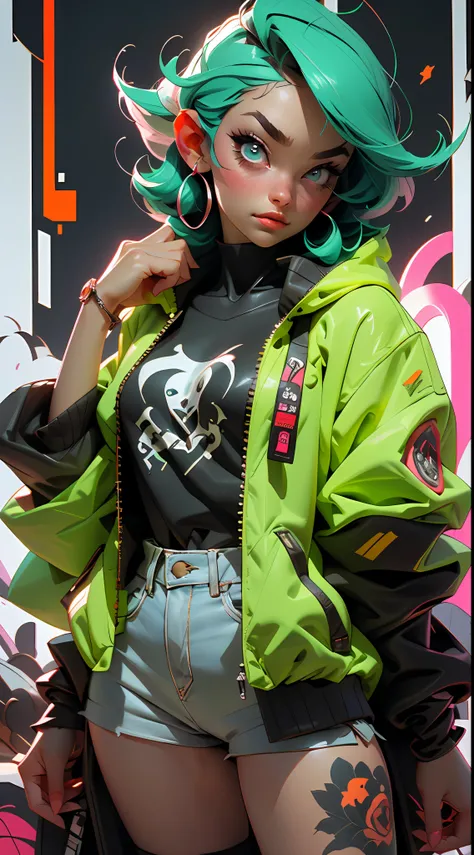 ((melhor qualidade)), ((obra prima)), ((realista)) e fotografia ultra-detalhada de uma garota nerd fofa com fones de ouvido neon, Ela tem ((cabelo rosa)), He wears a jacket of orange technical clothing and exudes an atmosphere ((Beautiful and Aesthetic)) (...