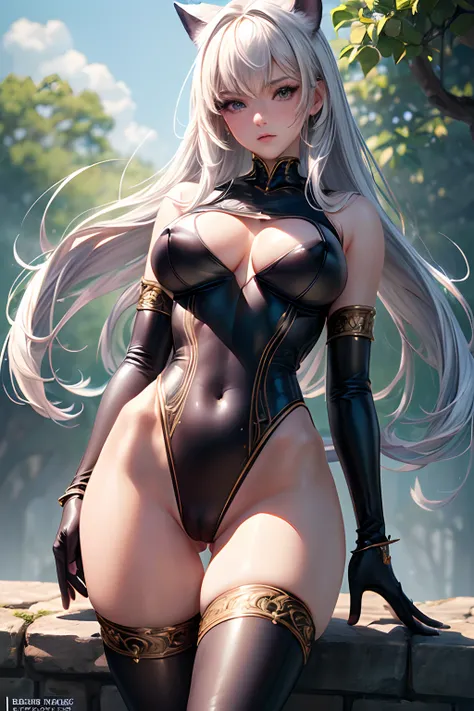 ((Best Quality, 8K, ultra-detailed, Masterpiece: 1.3)), 1girl, shiny skin, sharp, Perfect Body Beauty, realistic shaded perfect body, ("leotard, fantasy,transparent pussy ":1.2), ("kneehighs":1.1),fantasy costume,big_breasts ,(dynamic pose:1.1), thigh ,fan...