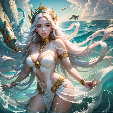 A beautiful woman floating on the sea like a god, the goddess of the sea, the light of the gods, mystics, fantasies, magical photography, magic, white transparent tight dresses, details in the sunlight, spirituality, a woman with white skin, pink body skin...