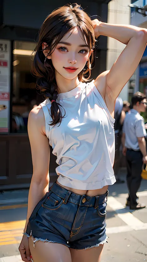 (Excellent photo of a beautiful Japanese Lady),
((highly detailed, best quality)),(photorealistic:1.2),8k,(high resolution),(depth of field:1.2),(character focus),perfect anatomy,(professional lighting),
(1girl),(26yo),(arm up),
looking at viewer,(walking)...