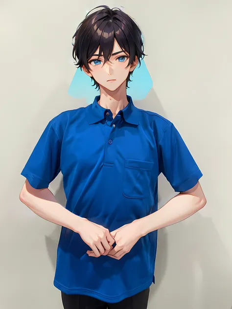 ​masterpiece、a handsome、twinks、male people、animesque、fine portrayal、Eyes drawn in detail、Beautiful eyes、twinks、Handsome man in blue polo shirt、animesque