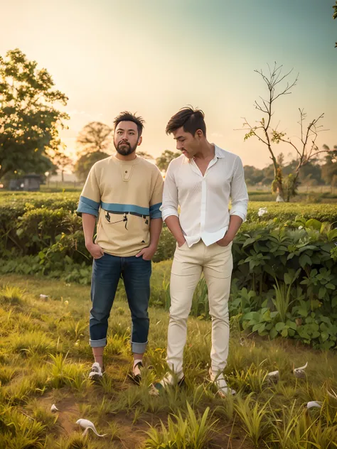 two men standing in a field of grass with a sky background, assam tea garden setting, assam tea village background, assam tea garden background, background: assam tea garden, assamese aesthetic, ghutra and egal, taken with sony alpha 9, very very low quali...