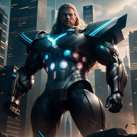 Subject: A photorealistic portrayal of Thors astonishing transformation into a formidable Terminator-inspired robot amidst a sprawling urban landscape.
Type of Image: Photorealistic digital artwork capturing Thors metamorphosis into a menacing robotic form...