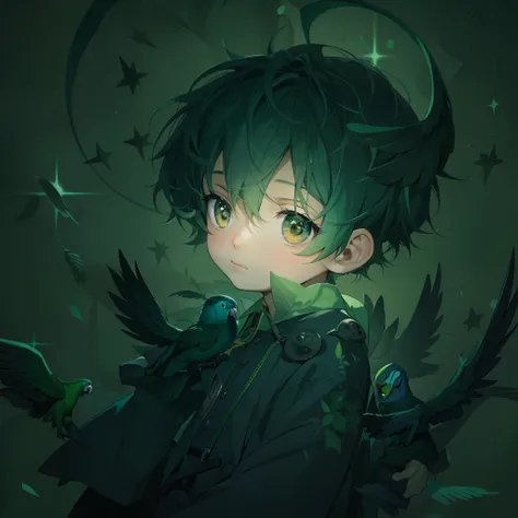 A young boy with，Anime little boy in a green forest，adolable，natta，Meticulous hand portrayal，Meticulous facial portrayal，A dark green parrot