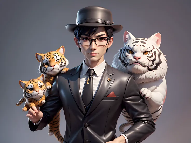 Young man with oriental face in leather hat, tiger, oriental face in formal suit, short black hair, silver glasses, digital painting, 3D character design by Mark Clairedon and Pixar and Hayao Miyazaki and Akira Toriyama, the illustration is a high-definiti...