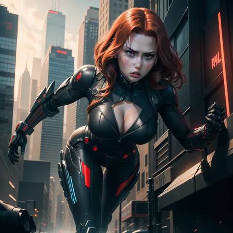 Subject: A photorealistic depiction of Black Widows astounding transformation into a formidable Terminator-inspired robot amidst a dynamic cityscape.
Type of Image: Photorealistic digital artwork capturing Black Widows shift into a menacing robotic form re...