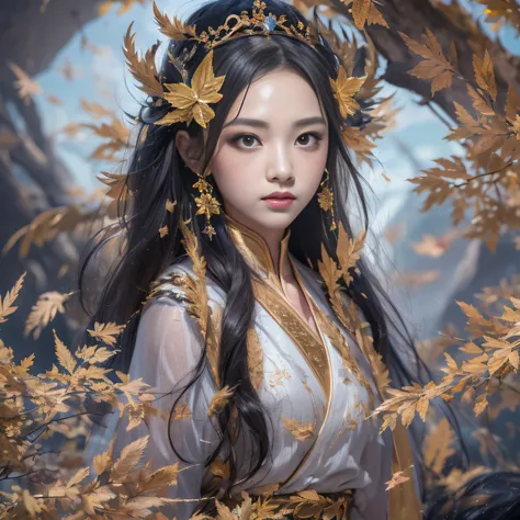 32K（tmasterpiece，k hd，hyper HD，32K）Long flowing black hair，Yellowstone，Tongzhou girl ，Indigo water bottle in arms（realisticlying：1.4），Flame linen robe，Purple-pink tiara，The leaves flutter，The canyon background is pure，Hold your head high，Be proud，The nostr...