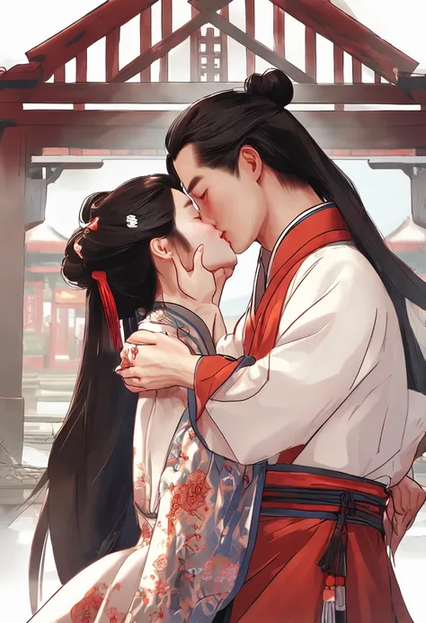 Style couple kissing,Chinese elements， Hanfu，chineseidol，Ordinary looking,  Incredibly high detail, Pixar style, Bright colors, Natural light, Simple background in solid color, 5 and octane rendering, Popular on artstation, Gorgeous, ultra-wide-angle, 8K, ...