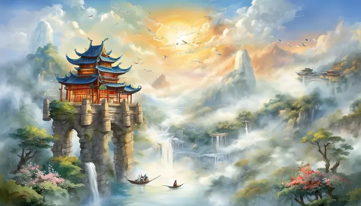 a ancient bridge in the blue sky, a Chinese fairy girl flying over white cloud, flowers and flowing water, divine realm of the gods, Heaven in mist!!!!!!!!, divine illumination, super details, esoteric equation heaven, breathtaking, breathtaking art, Float...