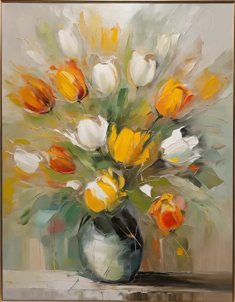 Master oil painting,Still life oil painting,tulips,Clear brush texture,Light yarn,A masterpiece of extraordinary masters,Ultra-clear,Beige, white, yellow green.