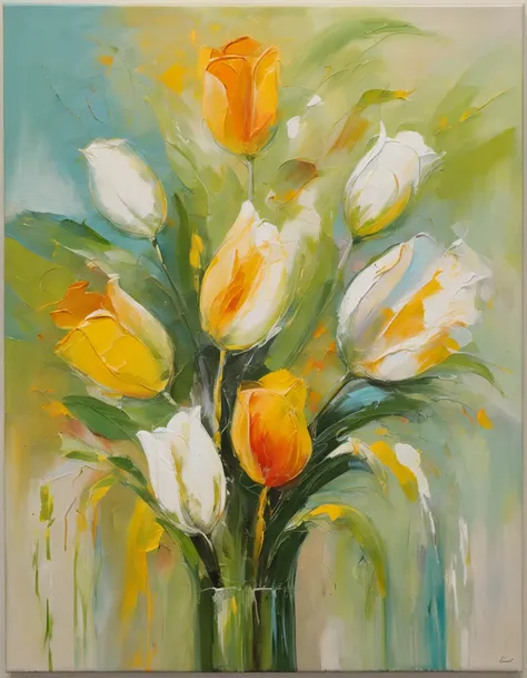 Master oil painting,Still life oil painting,tulips,Clear brush texture,Light yarn,A masterpiece of extraordinary masters,Ultra-clear,Beige, white, yellow green.