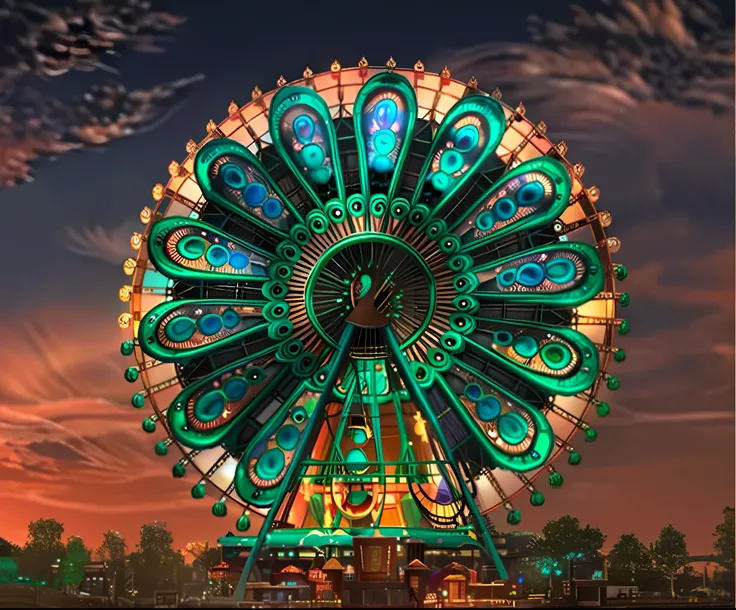 peacock-themed ferris wheel，nighttime scene，feather element in the sky，k hd，cinematic quality ，realistis