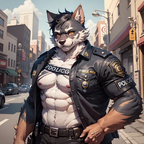 top quality, best quality, super high resolution, detailed background(highly detailed beautiful face and eyes)absurdres, perfect anatomy((angelic nice 1boy, kemono, solo focus, muscle man, beard))(((furry)))(furry anthro:1.7)((((Furry body, dog facial feat...