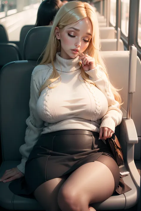 1 beautiful, adult woman, large body, blonde, outlined eyelids, made-up eyelids, white sweater, woolen sweater, neckline, black skirt, light-colored pantyhose, heels, sleeping sitting on the bus, mouth open, eyes closed.