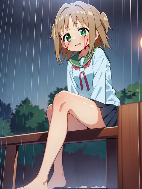 masterpiece,best quality,official art,extremely detailed CG unity 8k wallpaper, huge_filesize, loli, loli, brown eyes, small breasts, school uniform, bare_legs, bare legs, no legwear,Ōka Asahi,(rain),(in the rain),(blood on face),plateau,blood on face,bloo...