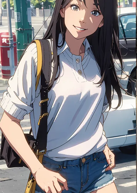 in a white shirt、sweater vest，Chinese girl in denim shorts，Fluffy long hair，ssmile，Street View photos --auto --s2