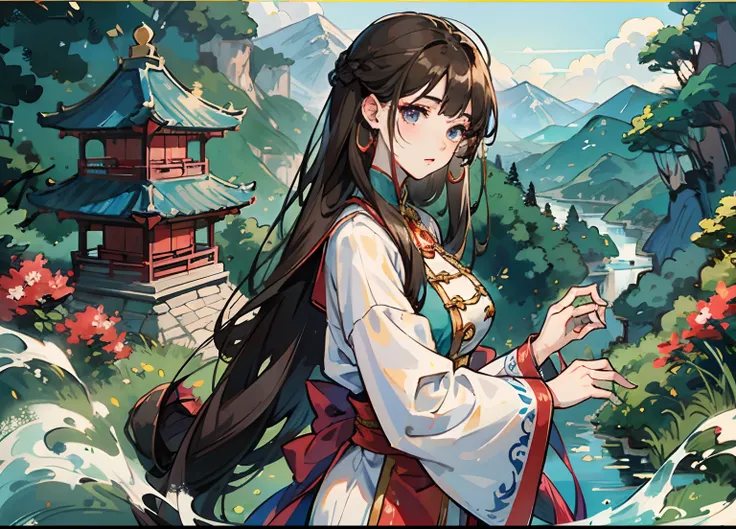 anime big breast，tmasterpiece，mtu，A boy with，shoun，brunette color hair，long whitr hair，High hills，flowingwater，Qingyunzong Palace，mountain path ，The overall color is dark