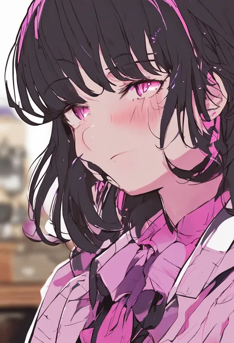 1girl, solo focus, vtuber, blunt bangs , hairclip, purple eyes,black blazer, closed blazer,pink ribbon, beige sweater,