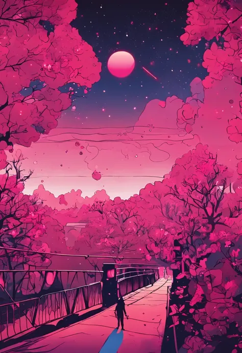 starryskybackground，The overall color is pink，A man and a woman meet on a bridge