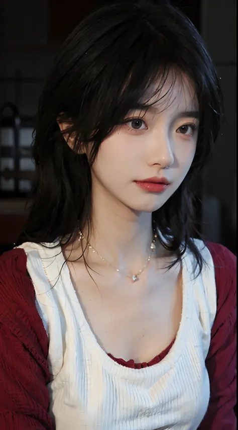 best qualtiy， 超高分辨率， （realisticlying：1.4），Baoyu Girl，1girll, with long coiled hair，Looking into the distance，nedium breasts：1.4，Cropped red sweater，a sense of atmosphere，Beautiful woman with a slim figure:1.4, Abs:1.4,,Ultra-fine face，Elaborate Eyes，二重まぶた，...