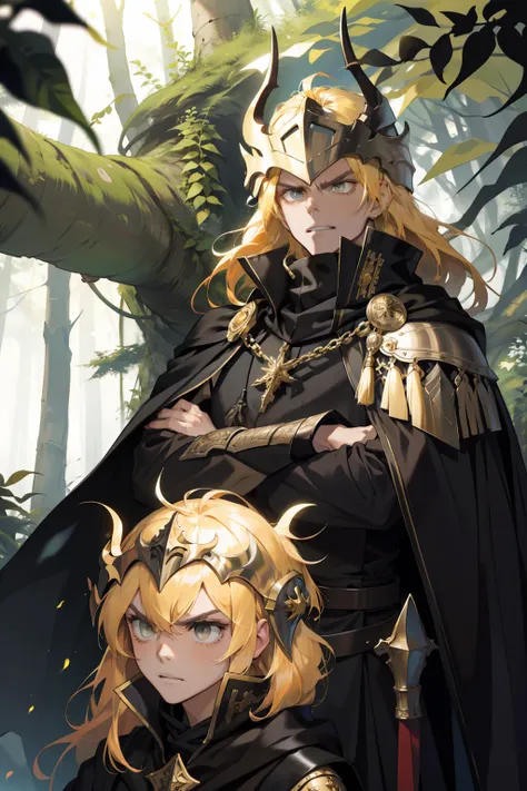 tmasterpiece，The best quality，(Angry knights in the forest)，arms folded，wearing her helmet，(Golden hair)，a black cloak