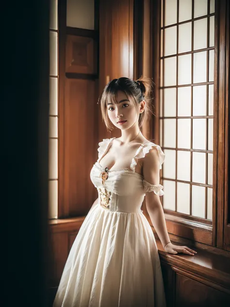 japanaese girl，Old European-style castle，standing on your feet，Bare feet，(Lolita costume,Large breasts， Horizontal viewing angle)), (full bodyesbian:1.5), fission, Brandon Flake, (8K, ........primitive, professional, best qualtiy, tmasterpiece: 1,2), (hent...